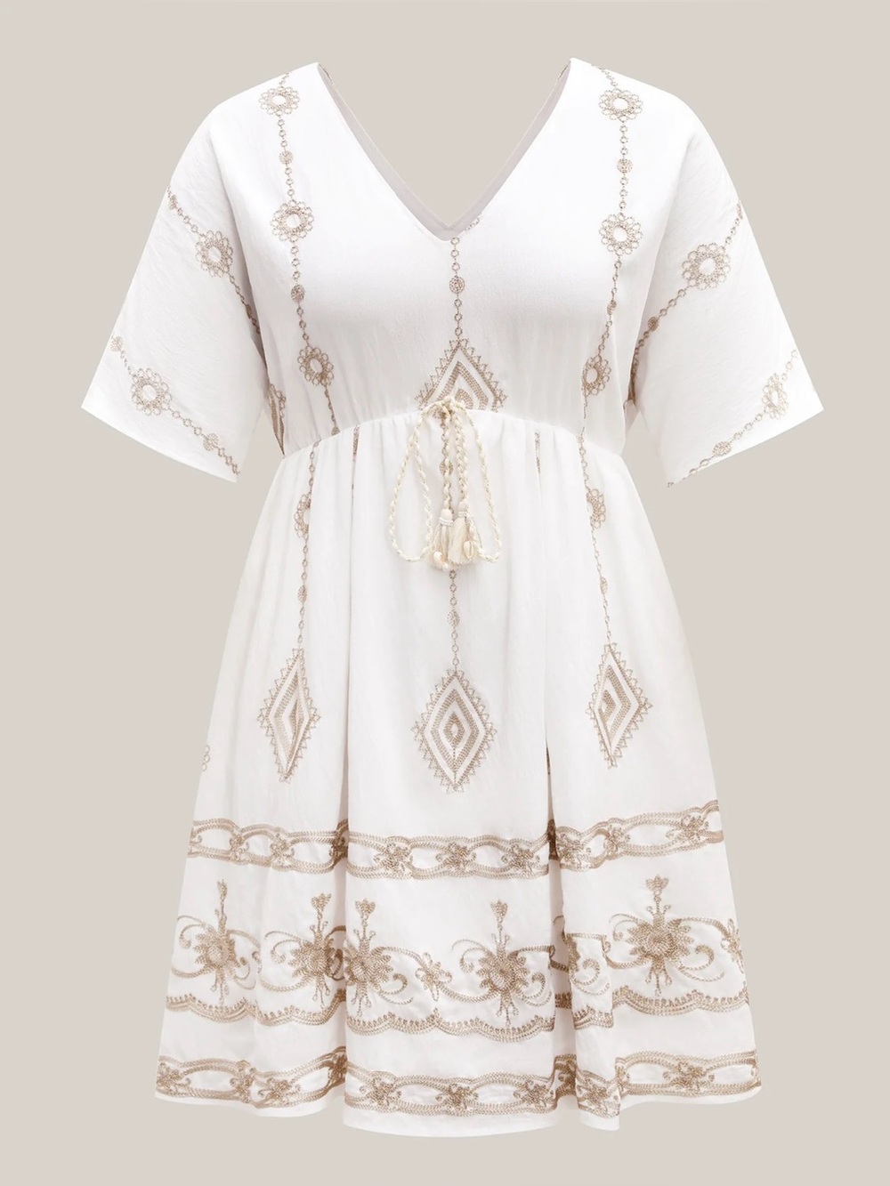 Boho Embroidered Tie Waist White Dress
